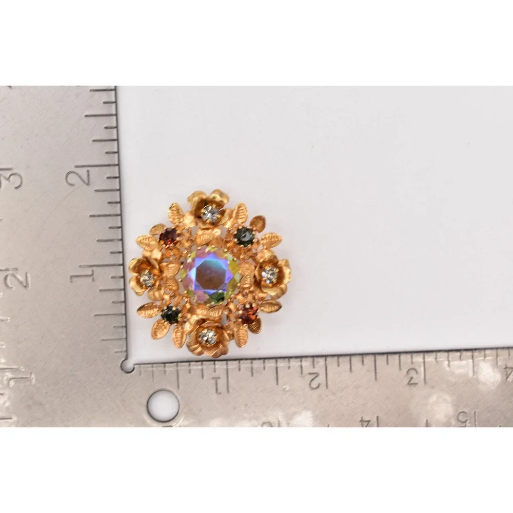 Vintage Austrian Crystal Pin Brooch Flower Gold Tone Aurora Borealis 1960s BinBI